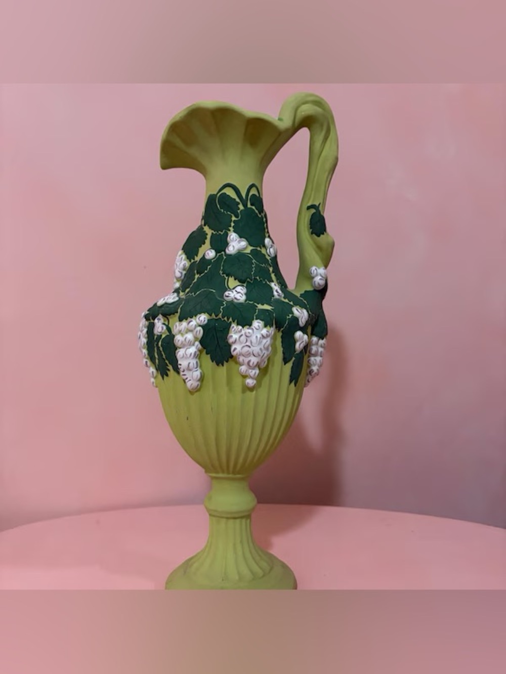 Decorative Lime Green Ceramic Pitcher Vase with White Grape Detail